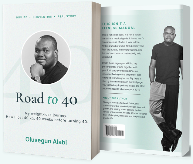 Road to 40 book cover — front and back, by Olusegun Alabi